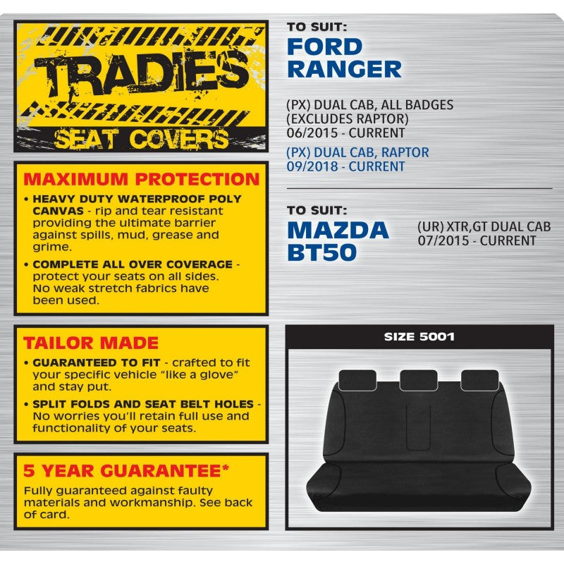 TRADIES BLACK CANVAS REAR SEAT COVER - FORD RANGER PY T6.2