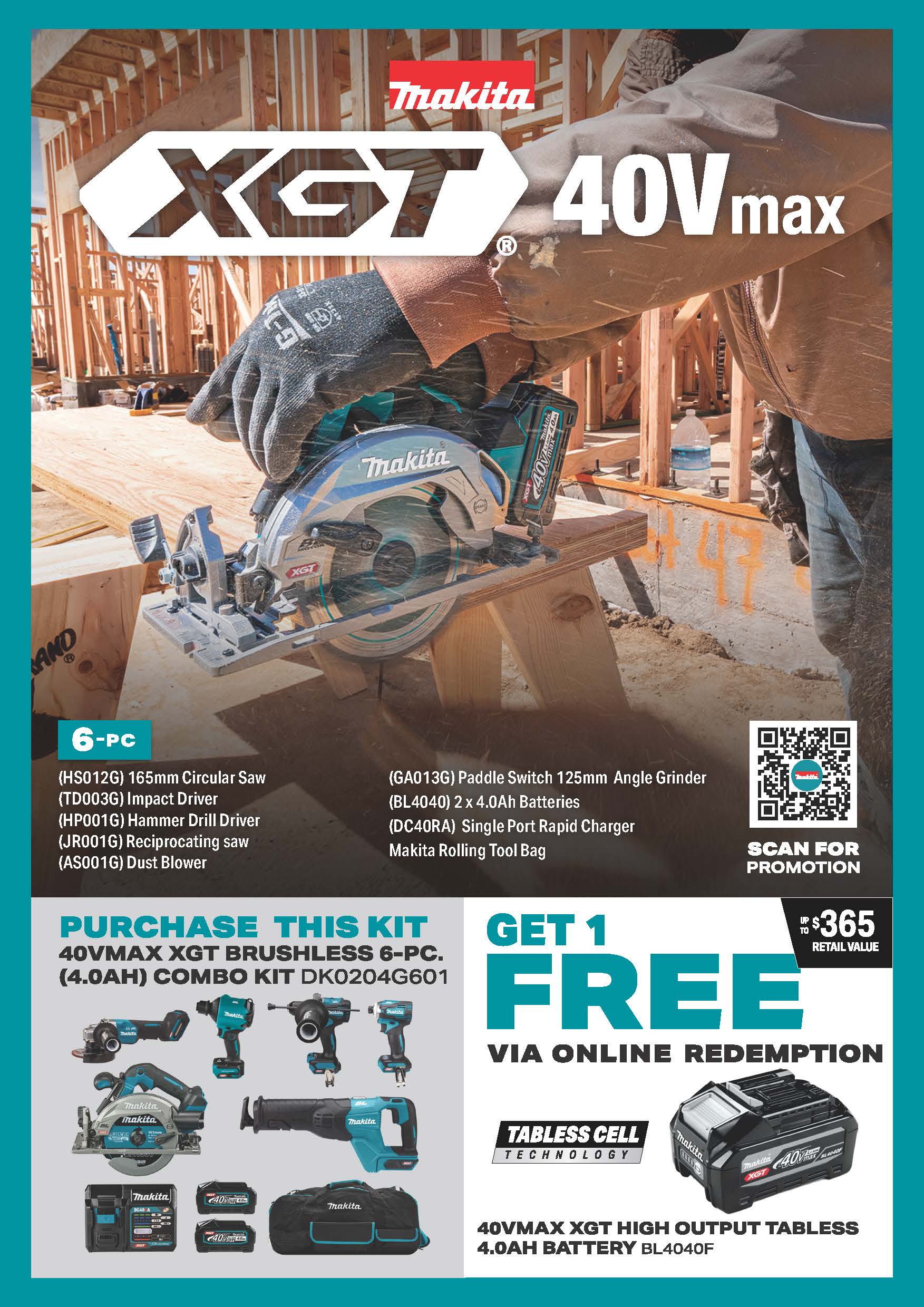 Makita 40V Max Brushless 6-Pc.Combo (4.0Ah) Kit