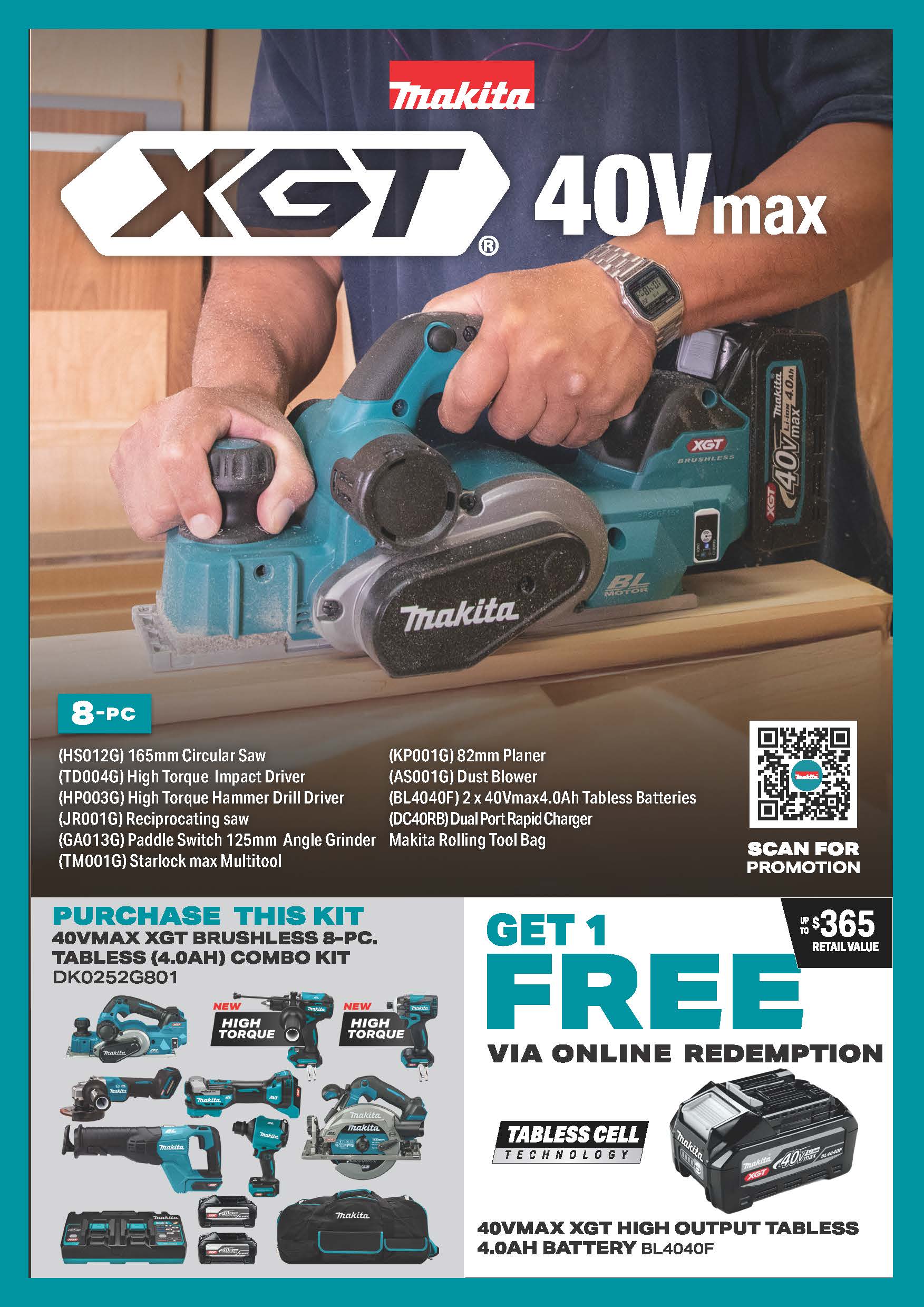 Makita 40Vmax XGT Brushless 8 Piece Combo Kit 2x4.0AH
