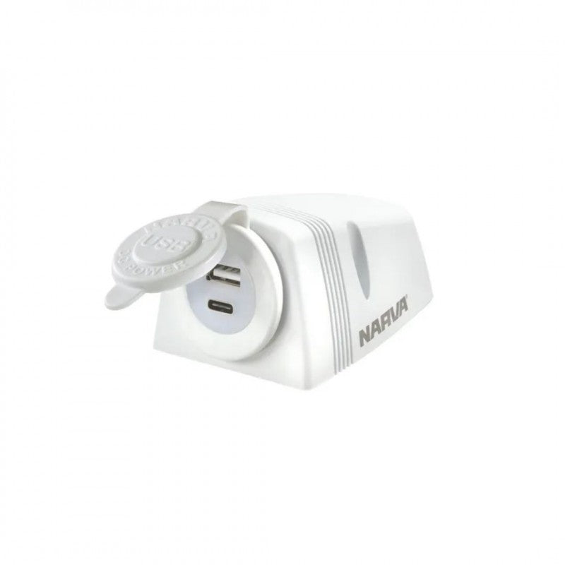 NARVA HEAVY DUTY SURFACE MOUNT DUAL USB/USB C SOCKET WHITE