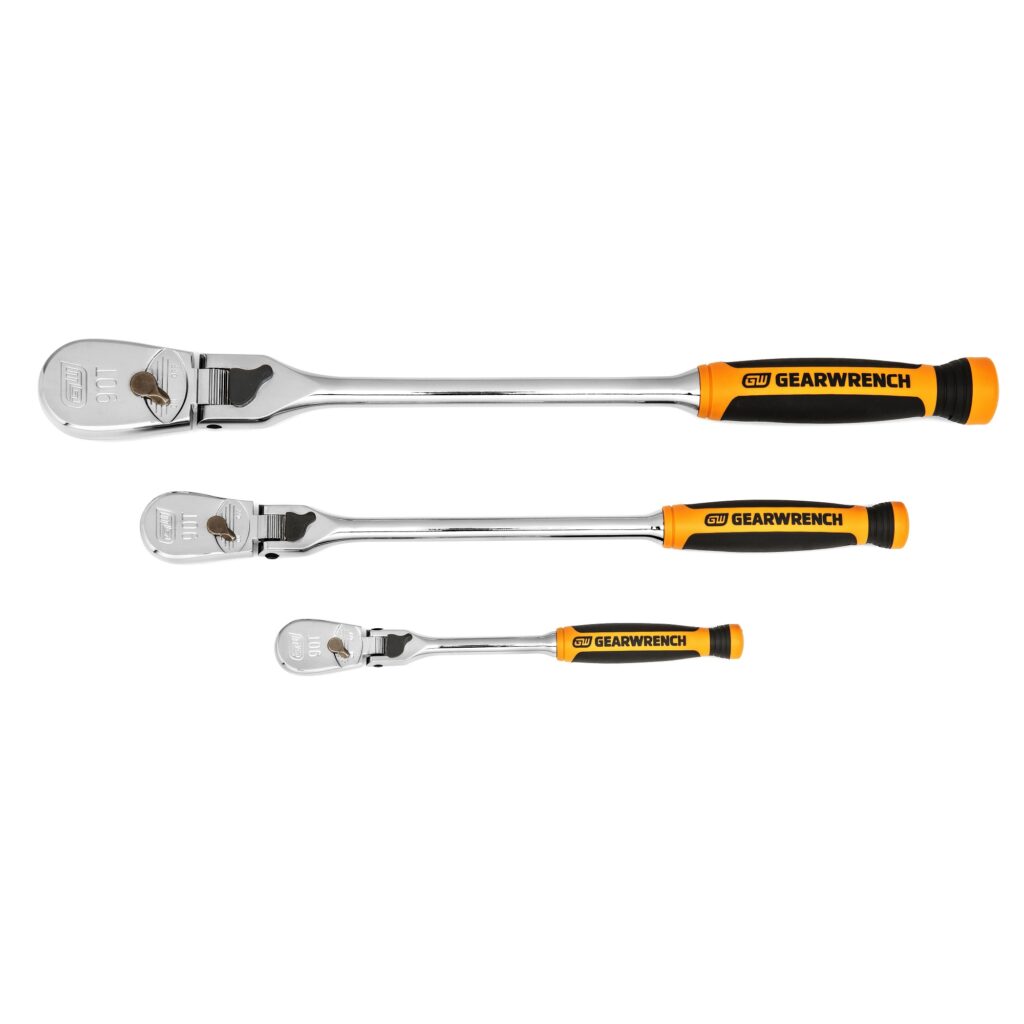 GW 3 PC 1/4 in, 3/8 in, 1/2 in DRIVE 90T DUAL MATERIAL LOCKING FLEX HEAD RATCHET SET