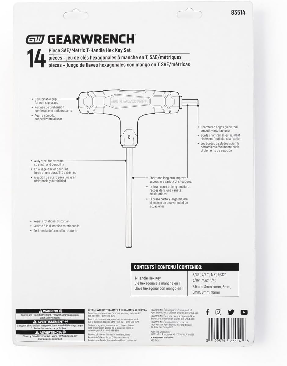 NEW GEARWRENCH 14 PC SAE/METRIC T-HANDLE HEX KEY SET