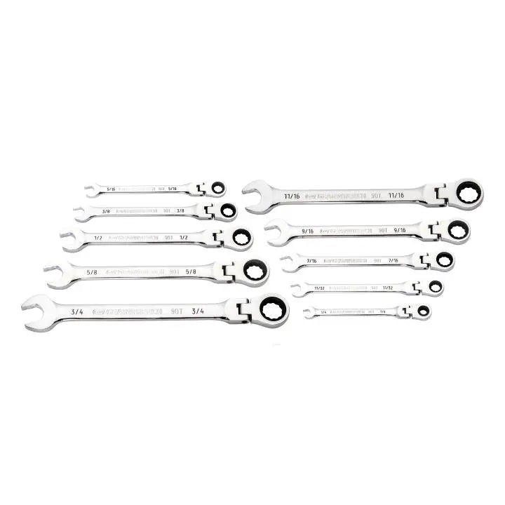 GW 10 PC 90T 12 PT FLEX HEAD RATCHETING COMBINATION SAE WRENCH SET