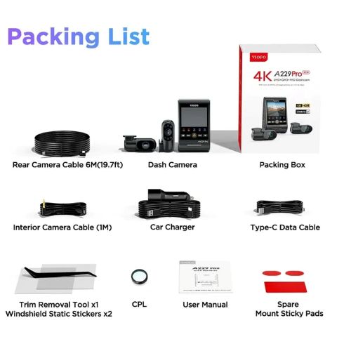 VIOFO DASHCAM A229 PRO 4K FRONT, 2K INTERNAL, 2K REAR 5GHZ WIFI, GPS