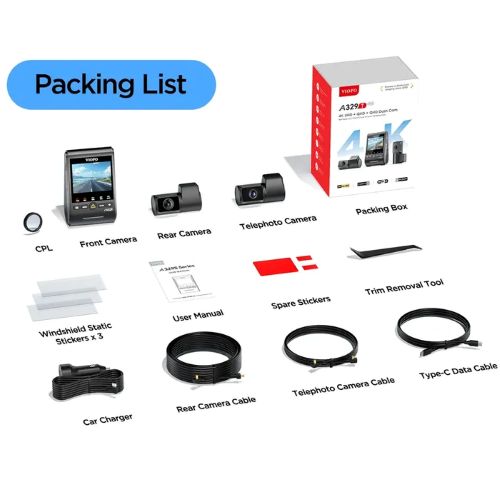 VIOFO DASHCAM A329 4K FRONT + 2K REAR + 2K TELEPHOTO WIFI 6 GPS