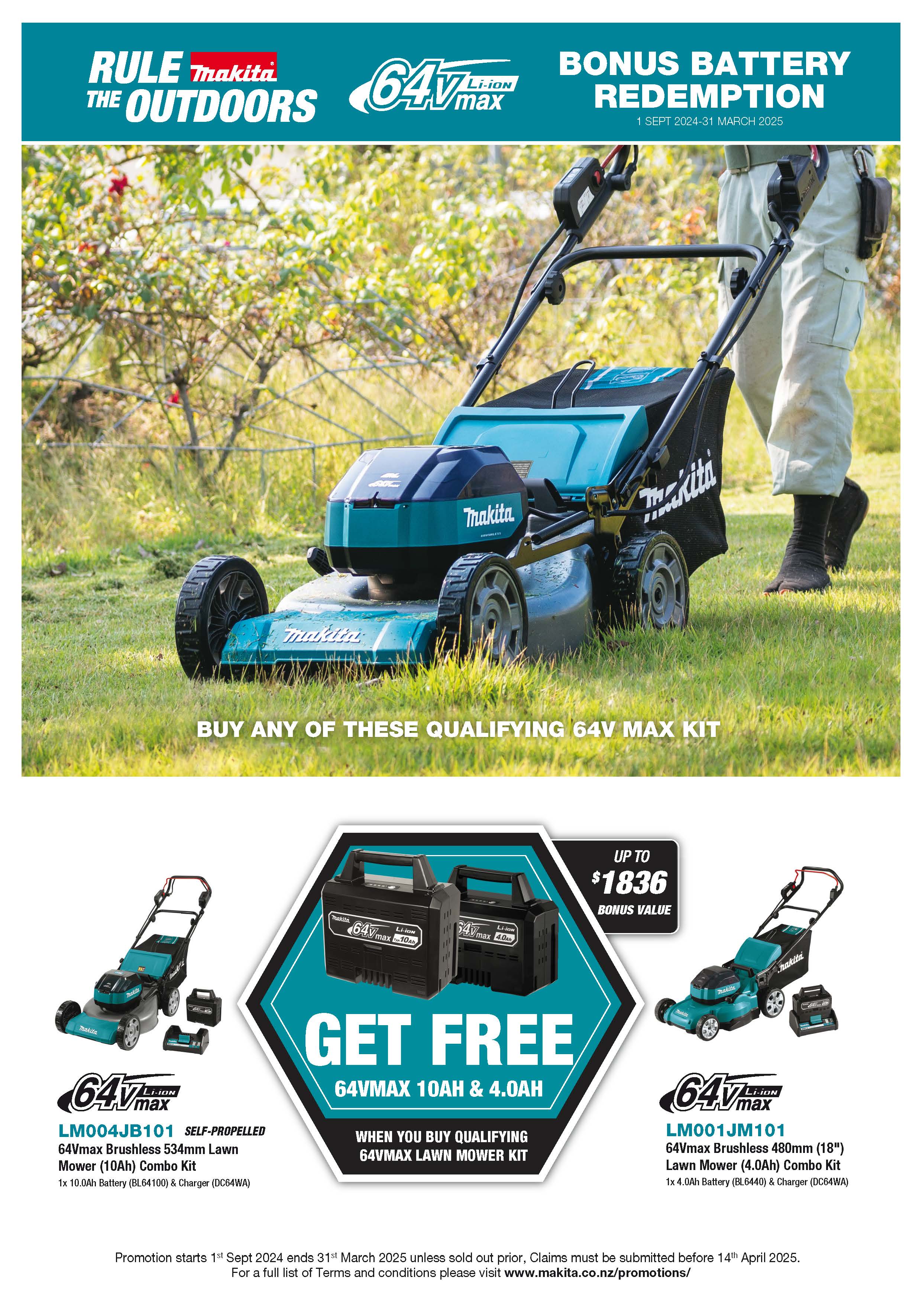 Makita 64Vmax Brushless 480mm 18in Lawn Mower