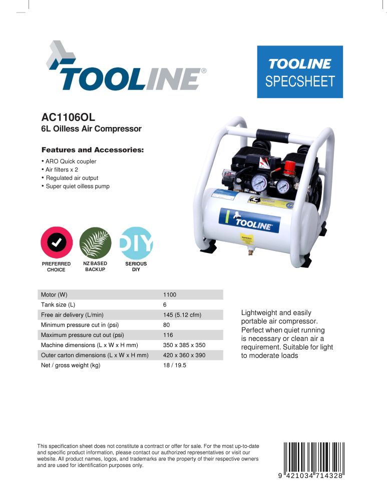 Tooline AC1106OL 6L Oilless Compressor