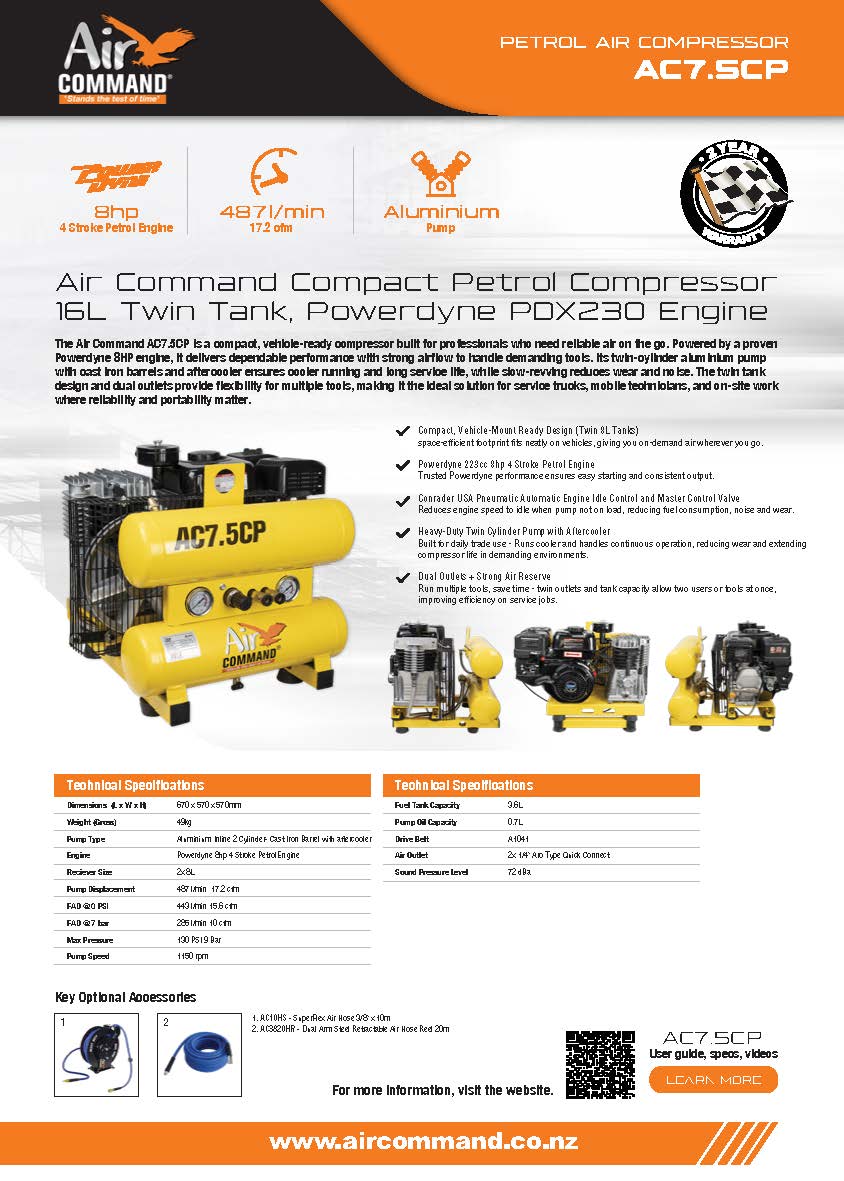 Air Command Compact Petrol Compressor 16L Twin Tank, Powerdyne PDX230 Engine