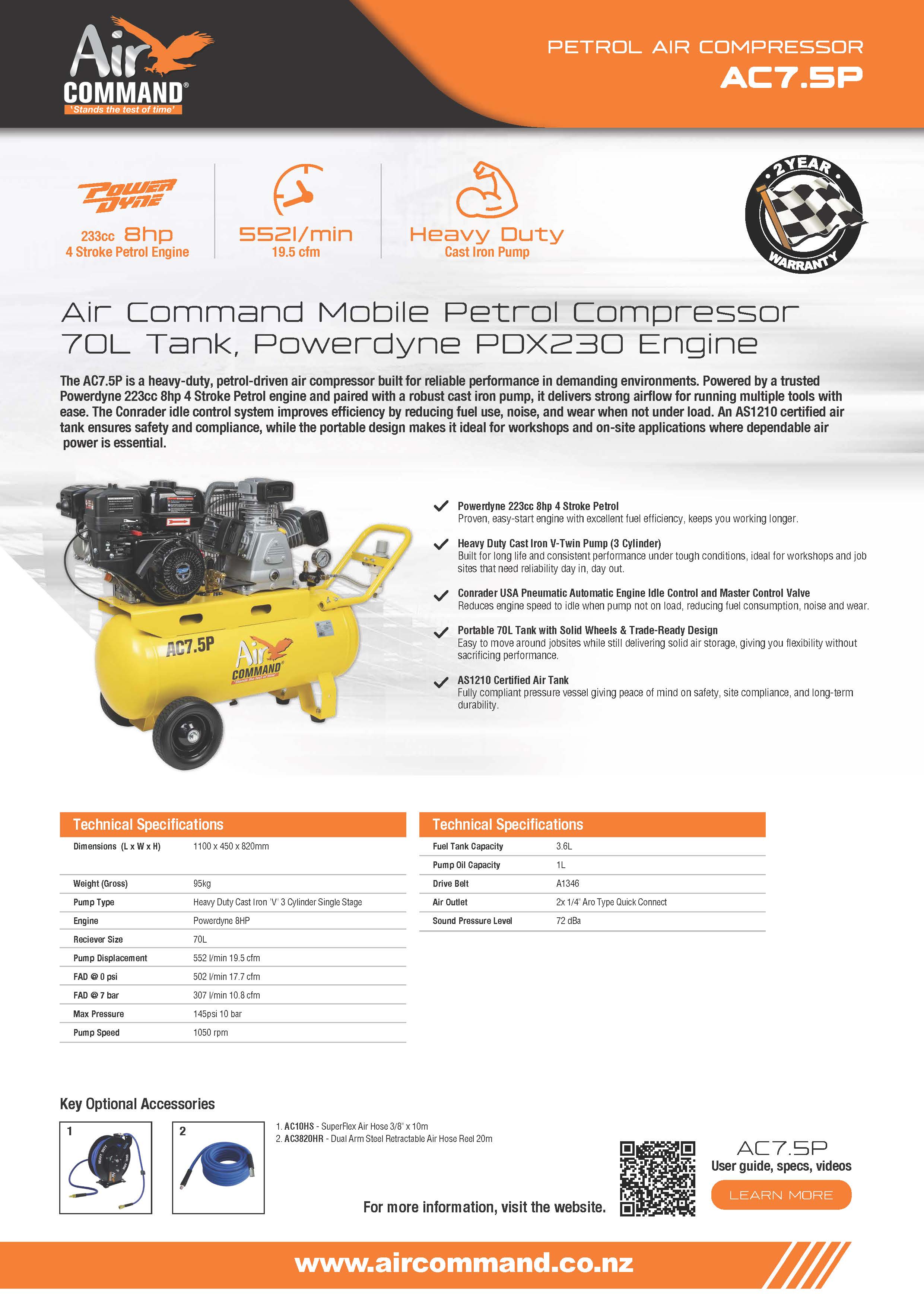 Air Command Mobile Petrol Compressor 70L Tank, Powerdyne PDX230 Engine