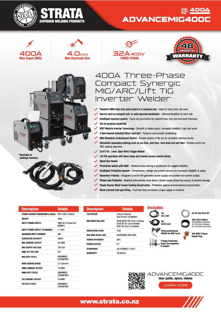 Strata 400A Three-Phase Compact Synergic MIG/ARC/Lift TIG Inverter Welder with integrated trolley & storage