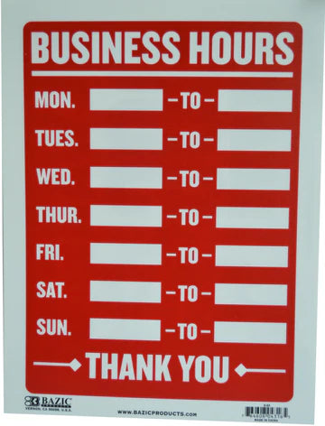 Redback Business Hours Sign - Plastic 200mm x 300mm