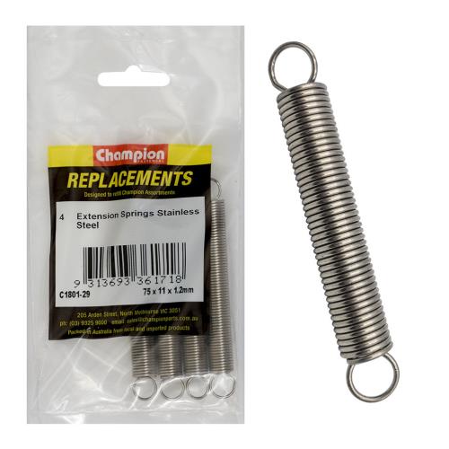 Champion Extension Springs-SS 75x11x1.2mm-316/A4 4 pk