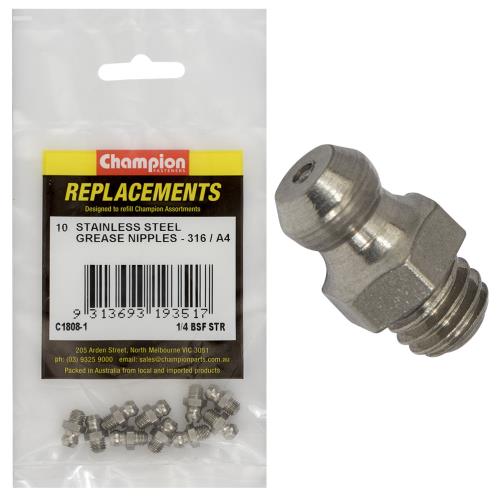 Champion Grease Nipple Stainless 1/4in Bsf Str 316/A4 -10Pk