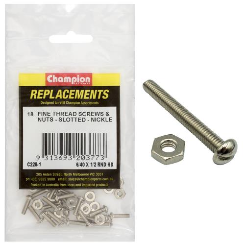 Champion 6/40In X 1/2In Unf Rnd Hd Machine Screw & Nut Ni