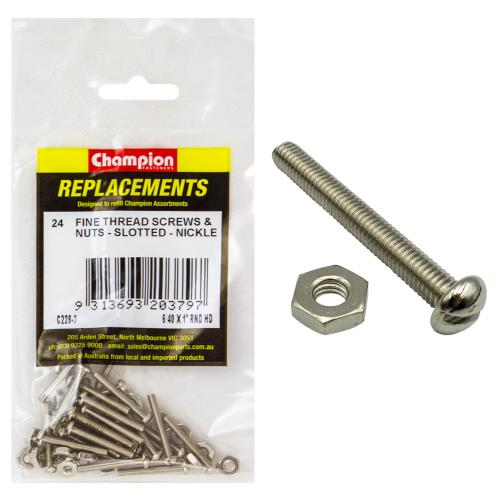 Champion 6/40 X 1In Unf Rnd Hd Machine Screw & Nut Ni-24Pk