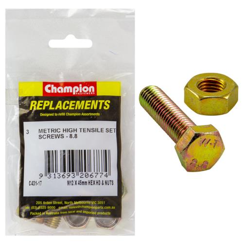 Champion M12 X 45mm X 1.75 Set Screw W/Nut -Gr8.8 -3Pk