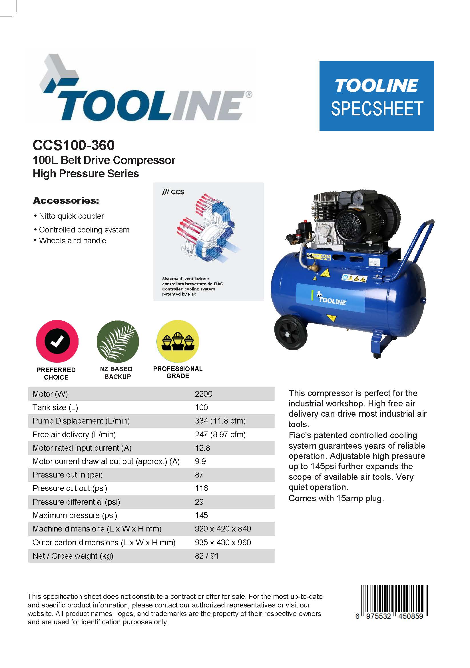 Tooline CCS100/360 Oilless 100L Belt Drive Compressor