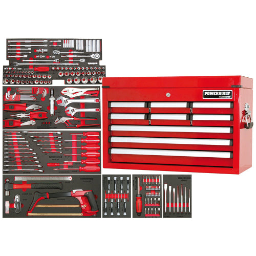A set of CCT007F red Powerbuilt tools including a tool chest and various hand tools, neatly arranged for display.