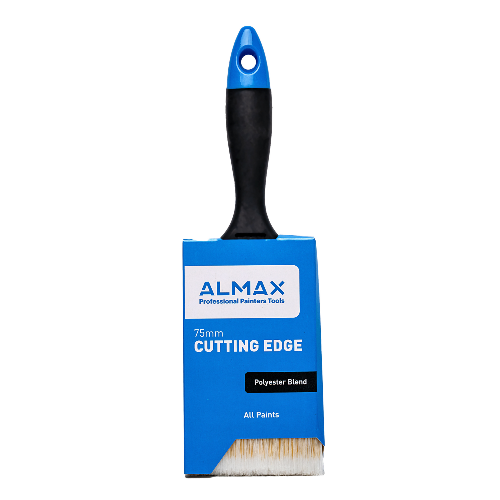 Almax cutting edge paint brush with blue handle and packaging on a white background