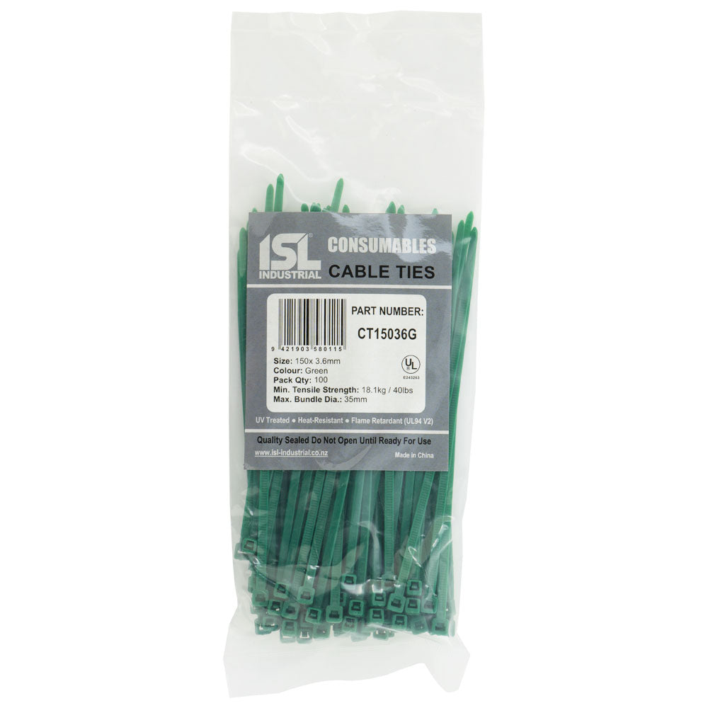 Isl 150 X 3.6mm Nylon Cable Tie - Green - 100Pk