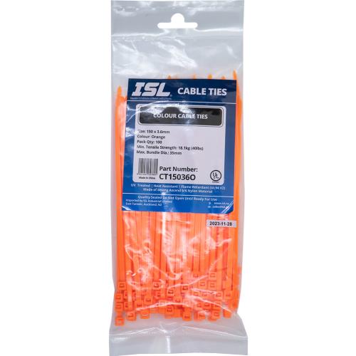 ISL 150 x 3.6mm Nylon Cable Tie - Orange - 100pk