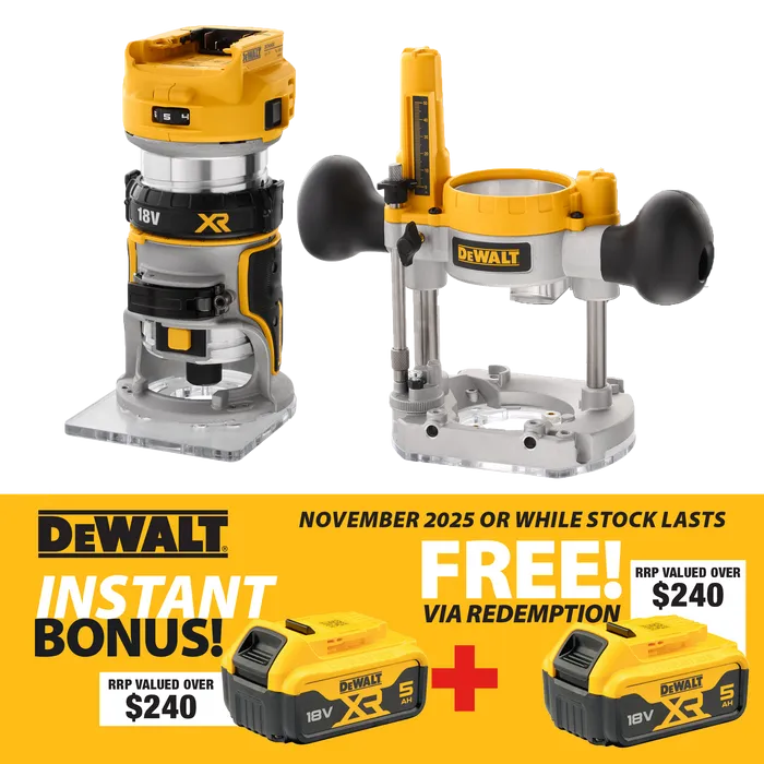 SPECIAL 18V XR Li-Ion BRUSHLESS 8mm Router with Plunge Base - Bare Unit WITH DCB184-XE