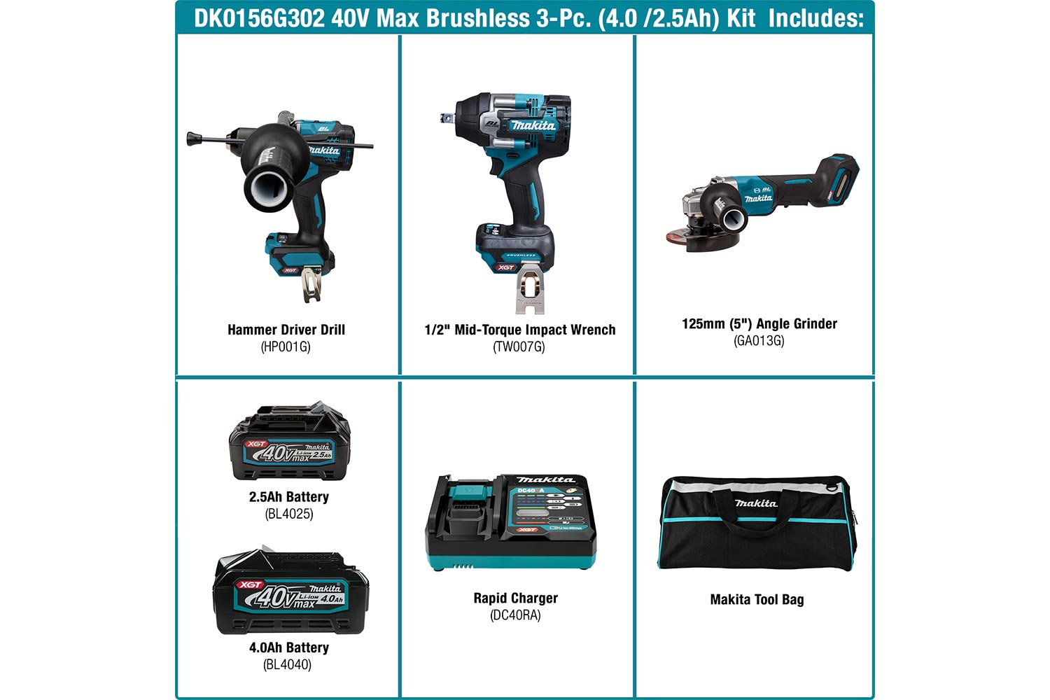 Makita 40Vmax Brushless 3-Pc. Combo (2.5Ah/ 4.0Ah) Kit