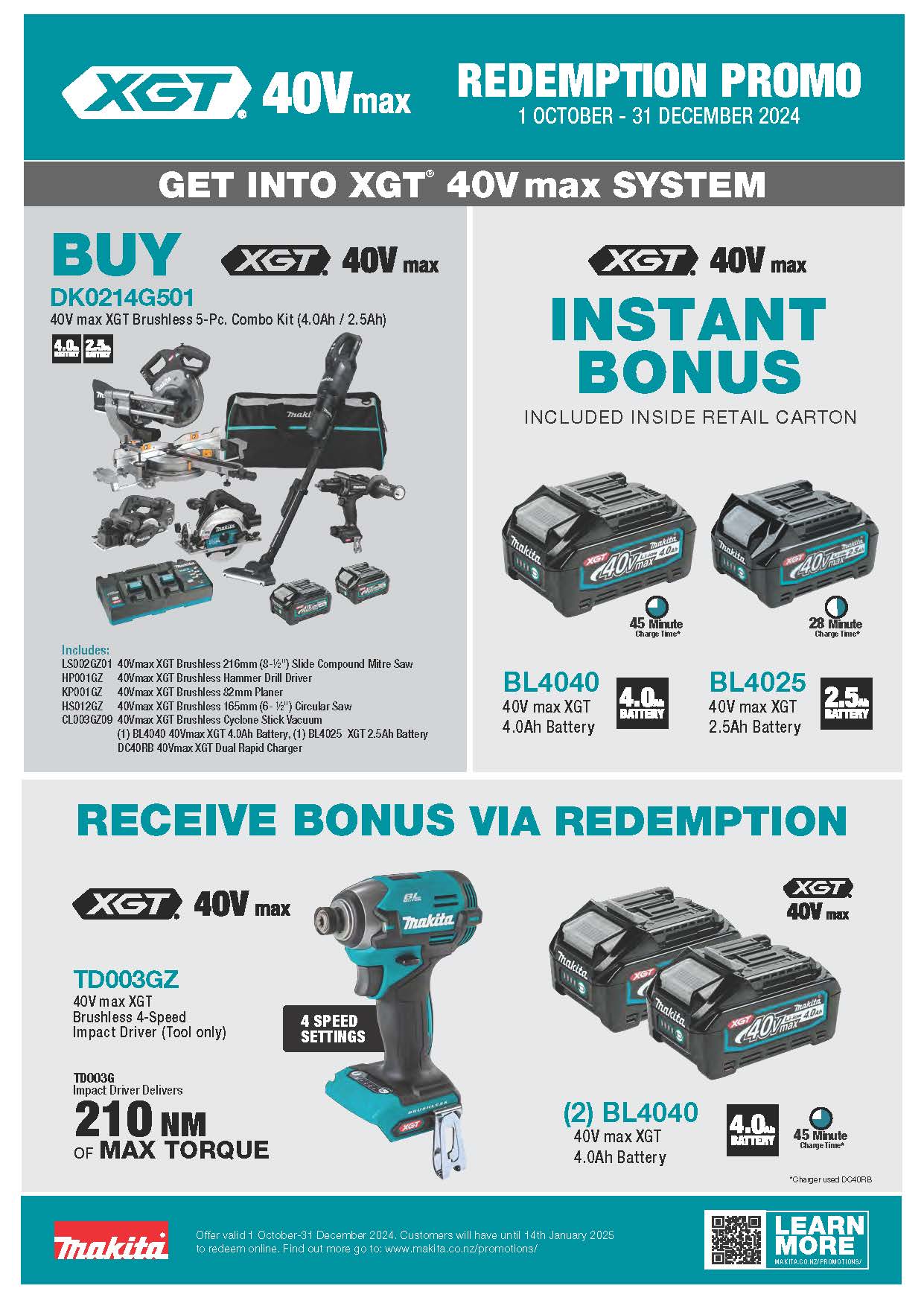 Makita 40Vmax XGT Brushless 5pc Combo 4.0Ah/2.5Ah Kit