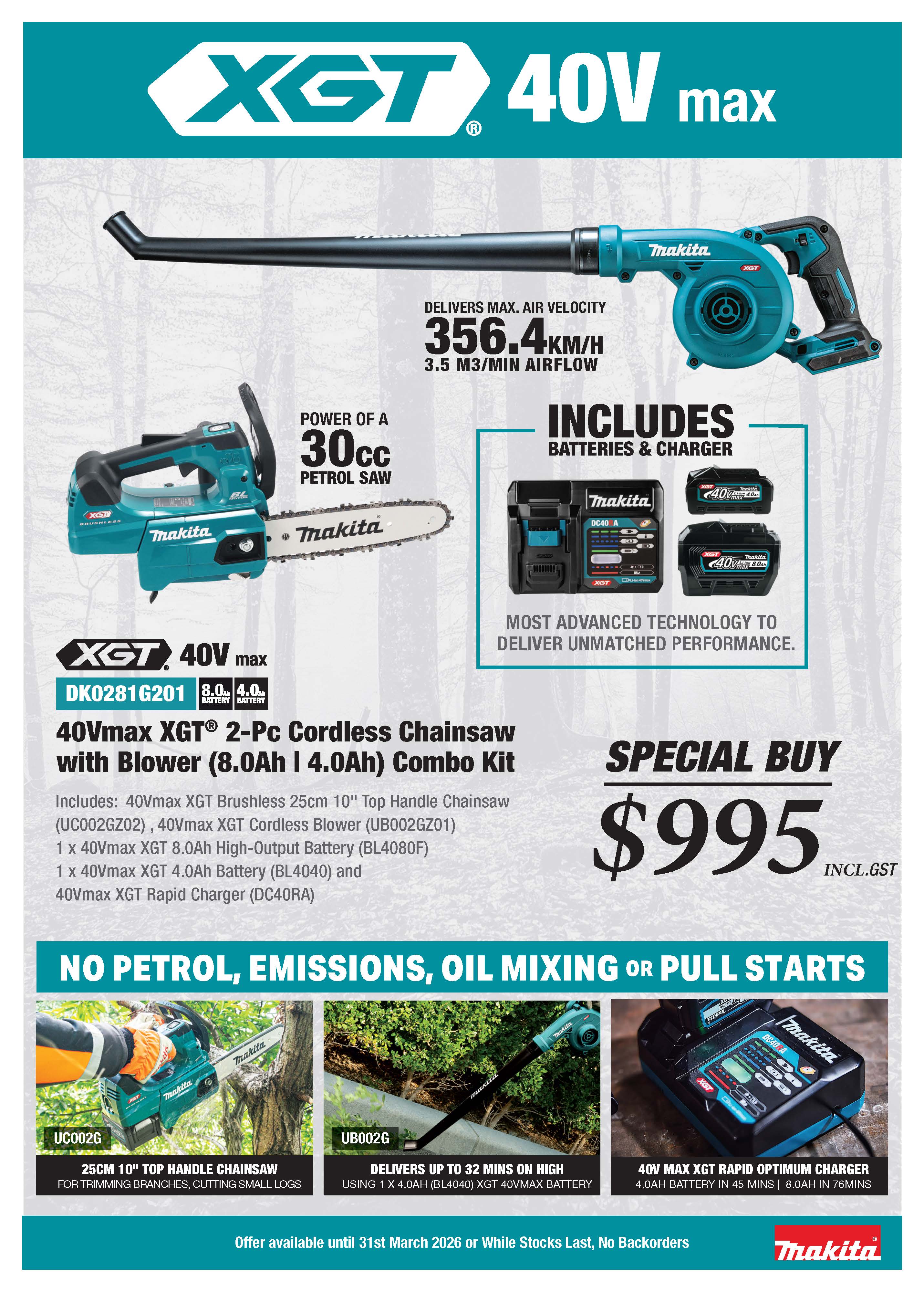 Makita 40Vmax XGT 2-Pc Cordless Chainsaw with Blower (8.0Ah | 4.0Ah) Combo Kit