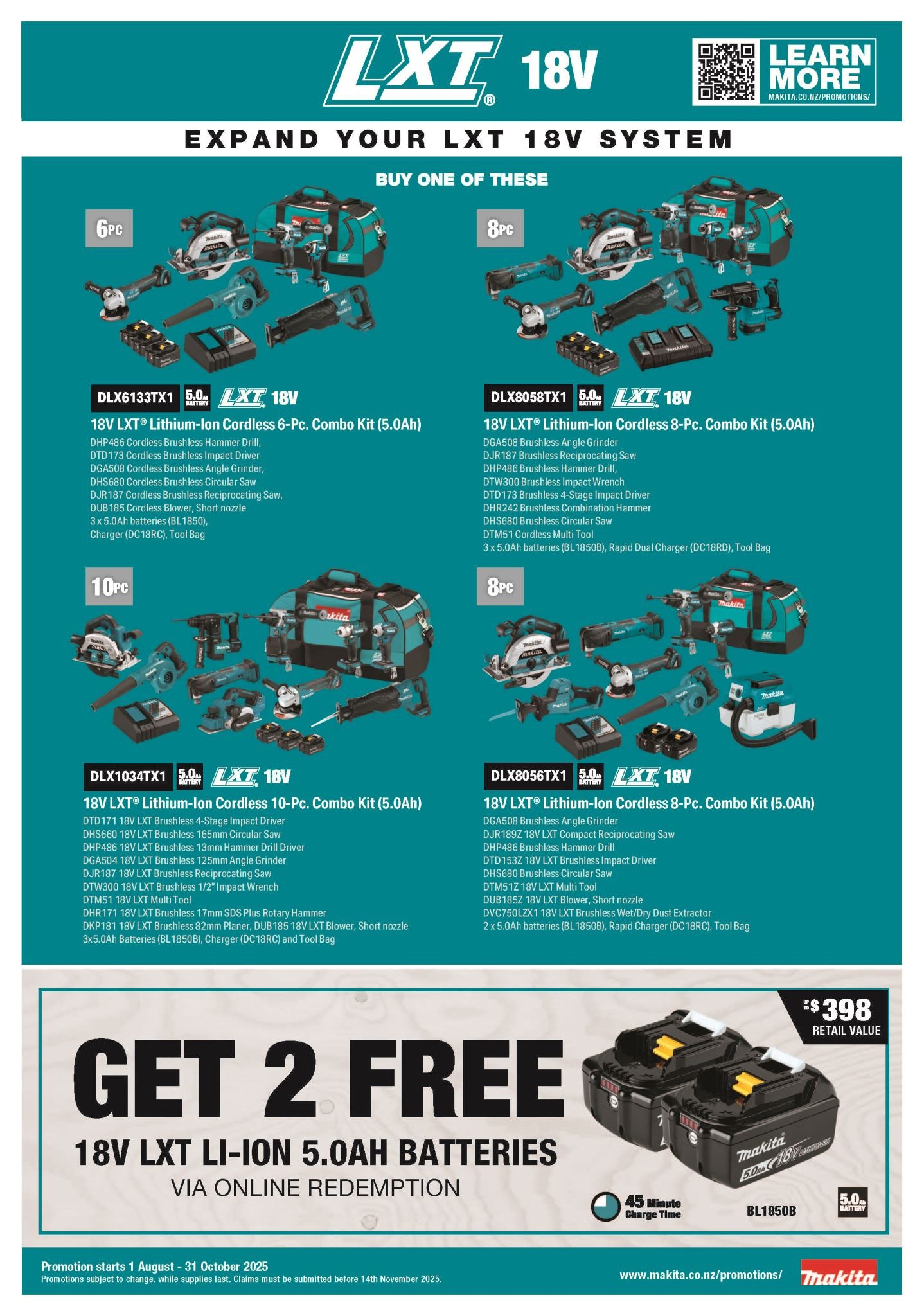 Makita 18V LXT 6PC 3x 5.0Ah Combo Kit