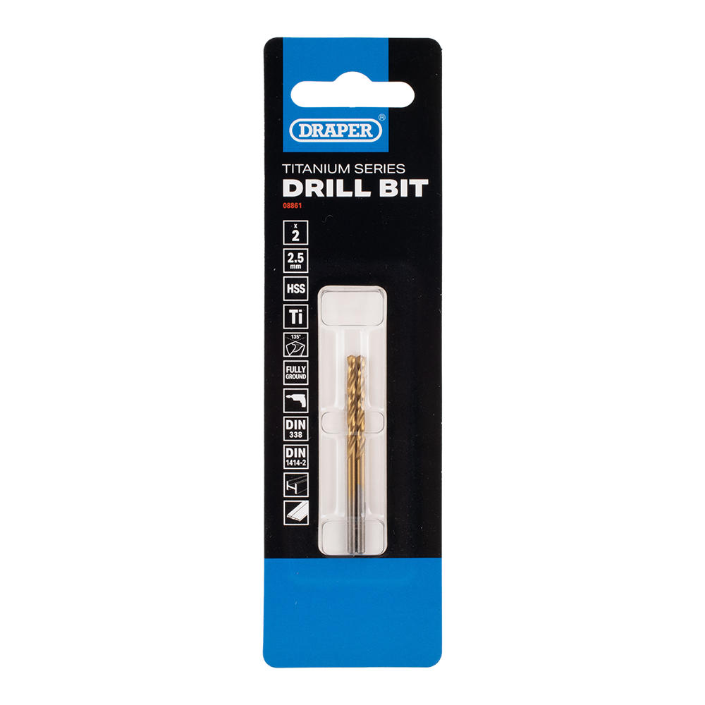 DRAPER HSS Titanium Drill Bit (3.5mm x 70mm) - 2 Pack