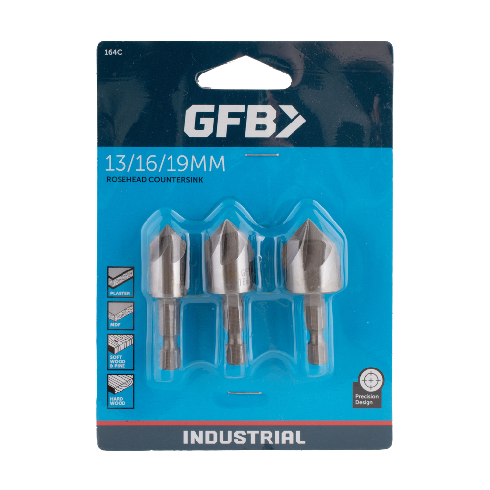 GFB 3pc Rose Head Countersink Bit Set (13, 16, 19mm x 90°)