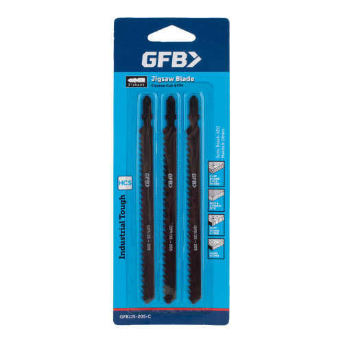 Pack of GFB jigsaw blades with blue packaging on a white background