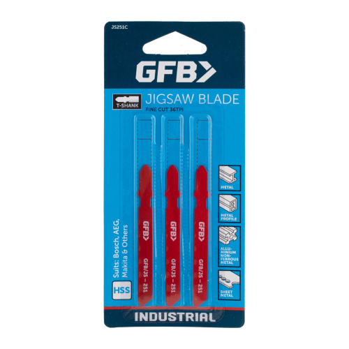 GFB jigsaw blade set packaging with three red blades on a blue background