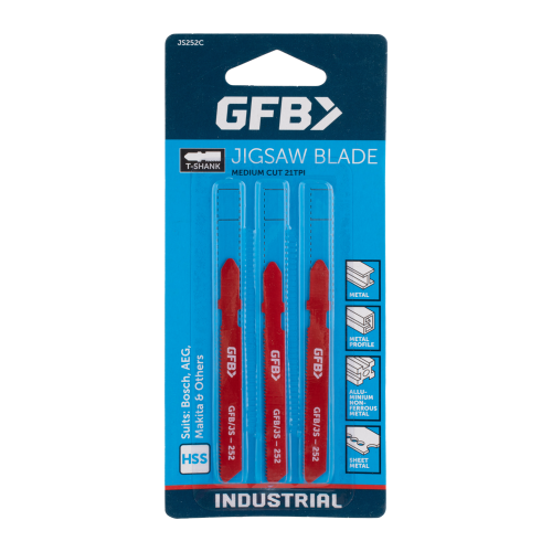 Pack of GFB jigsaw blades with blue packaging on a white background