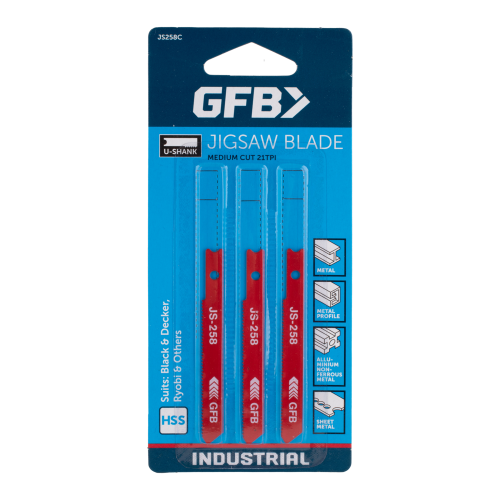 GFB jigsaw blade set packaging with blue and red design on a white background