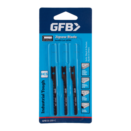Pack of GFB jigsaw blades on a white background