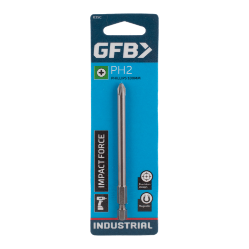 GFB drill bit packaging with blue background and product details.