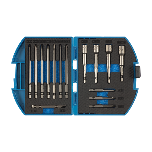 Set of GFB drill bits in a blue and black case on a white background