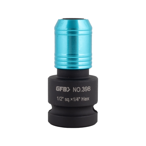 Blue and black metal fitting with GFB branding on a white background