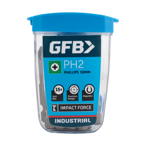 Container of GFB drill bits with blue lid and clear body on a white background