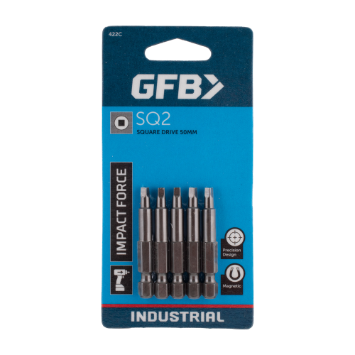 Pack of GFB impact force screwdriver bits with blue packaging on a white background