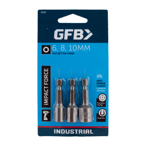 GFB nutsetter packaging with three metal bits on a blue background