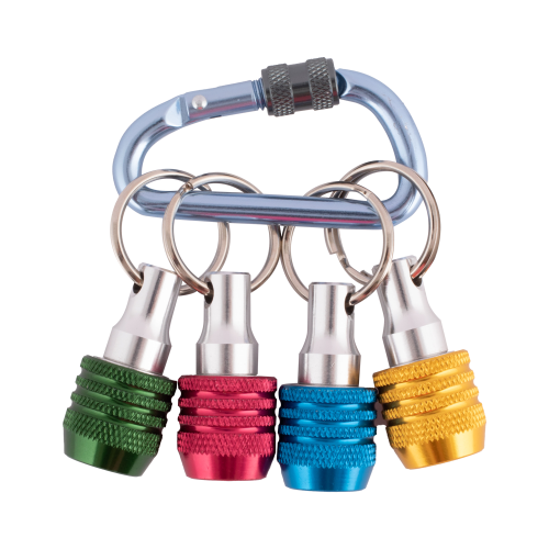Colorful keychain with carabiner and metal tips on a white background