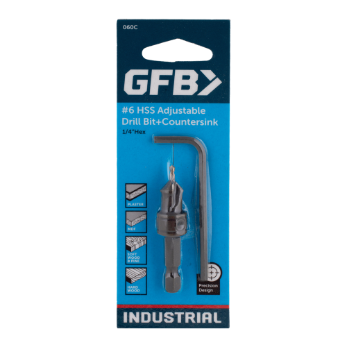 GFB #6 HSS Adjustable Drill Bit & Countersink packaging on a white background