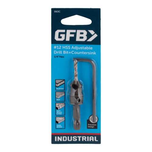 GFB #12 HSS Adjustable Drill Bit+Countersink packaging on a white background
