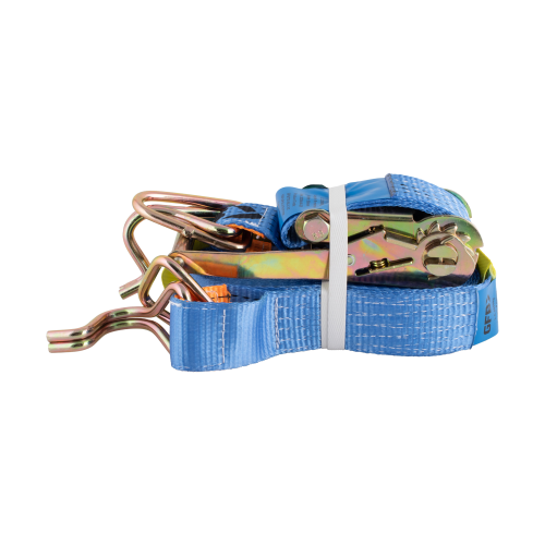 Blue tie-down strap with metal hooks on a white background