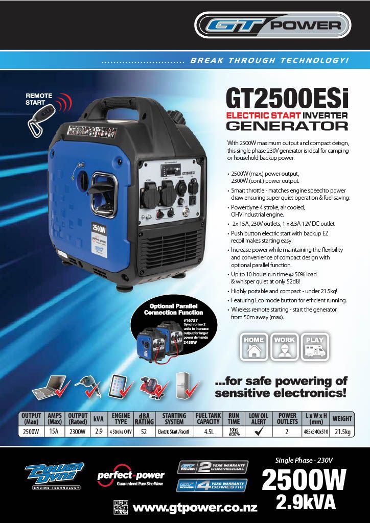 Gt 2500W Push Button/Recoil Start Silenced inverter Generator
