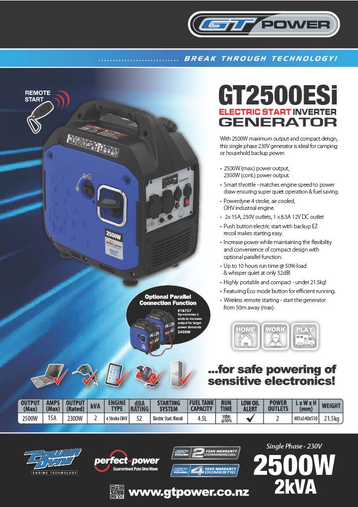 Gt 2500W Push Button/Recoil Start Silenced inverter Generator