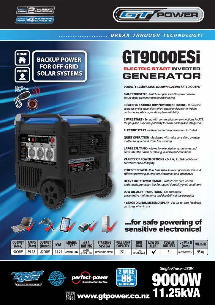 GT Power 9000W/11.25kVA Electric Start Silenced Inverter Generator